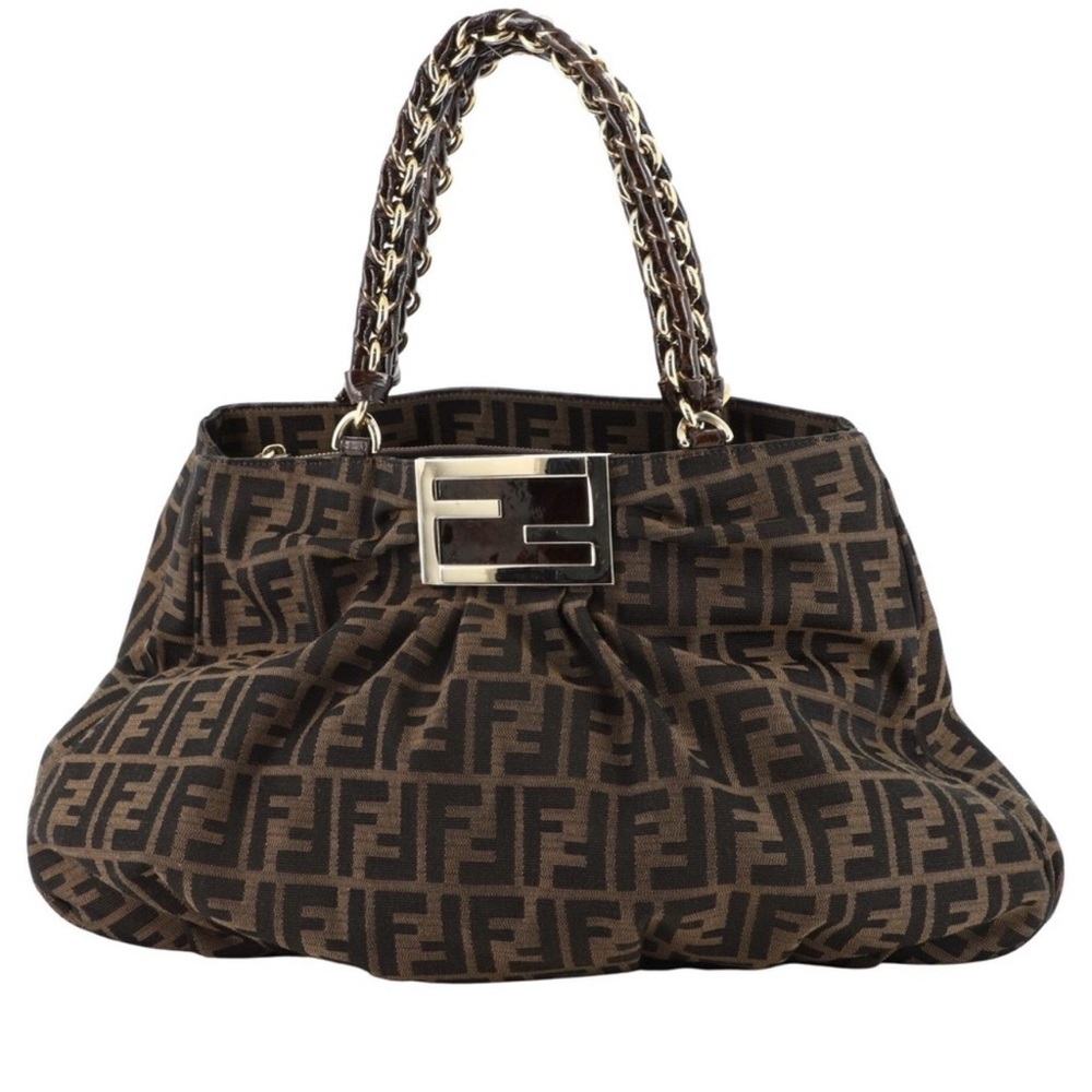 FENDI MIA Zucca Canvas and Patent Leather Tote-large. 14X10
